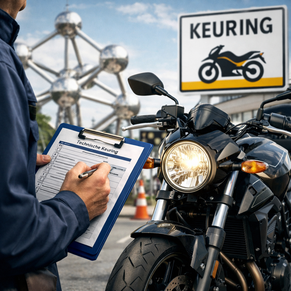 man keurt motor met het atomium van Brussel op de achtergrond
